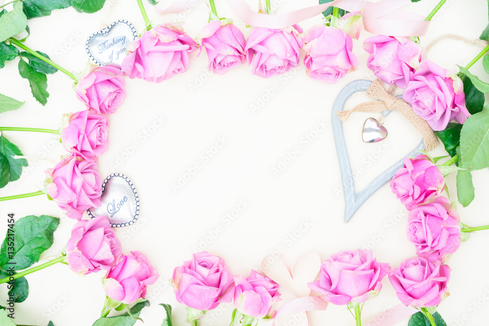 Valentines day violet roses and love hearts top view flat lay frame with copy space