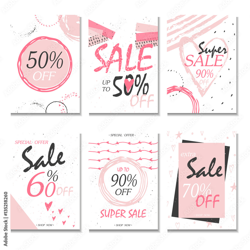 Naklejka premium Set of 6 discount cards design. Can be used for social media sale website, poster, flyer, email, newsletter, ads, promotional material. Mobile banner template.