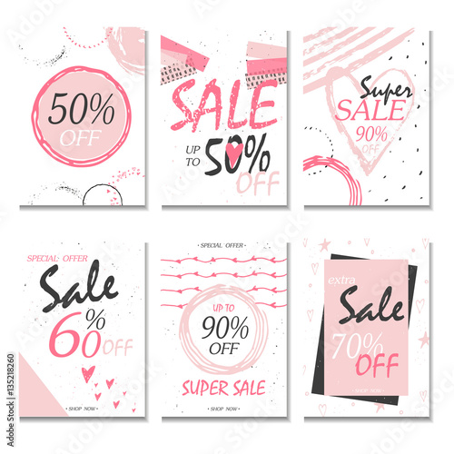 Set of 6 discount  cards design. Can be used for social media sale website  poster  flyer  email  newsletter  ads  promotional material. Mobile banner template.