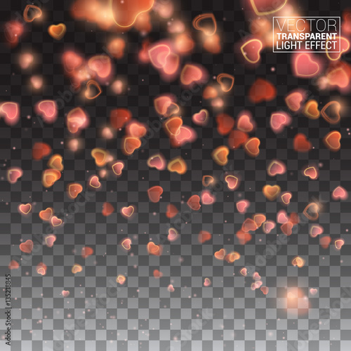 Bright design element for decoration holidays valentine's day. Abstract falling sparkling red hearts on transparent background. Realistic particle glitter effect