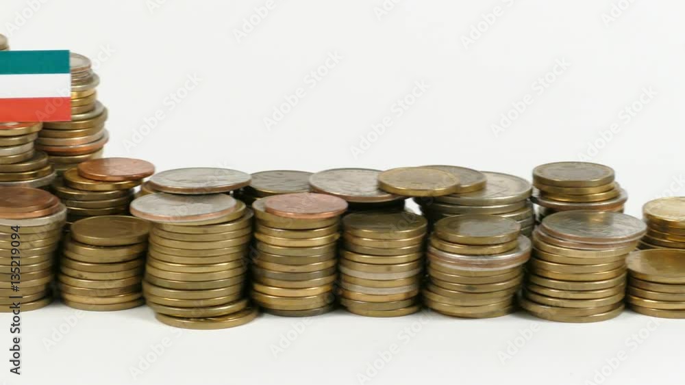 Kuwait flag waving with stack of money coins Kuwait flag waving with stack of money coins