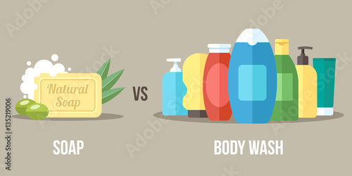 Vector illustration of natural soap vs. chemical body wash. Healthy and natural body care concept. Flat style.