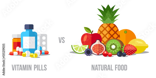 Vector illustration of vitamin pills vs. natural food. Healthy eating concept. Flat style. photo