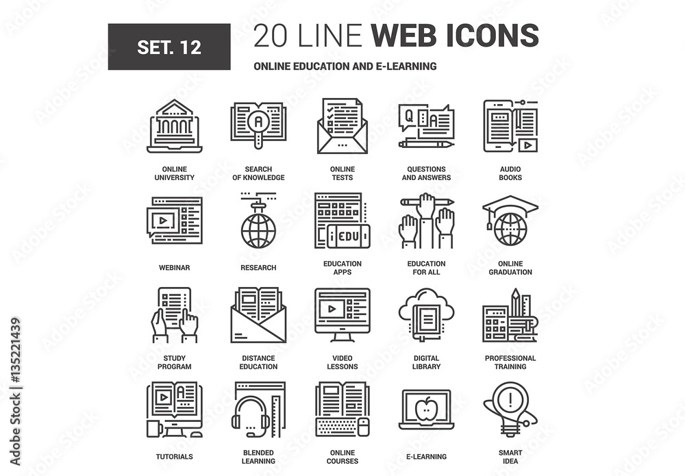 20 Black And White Line Art E-learning Icons Stock Template 