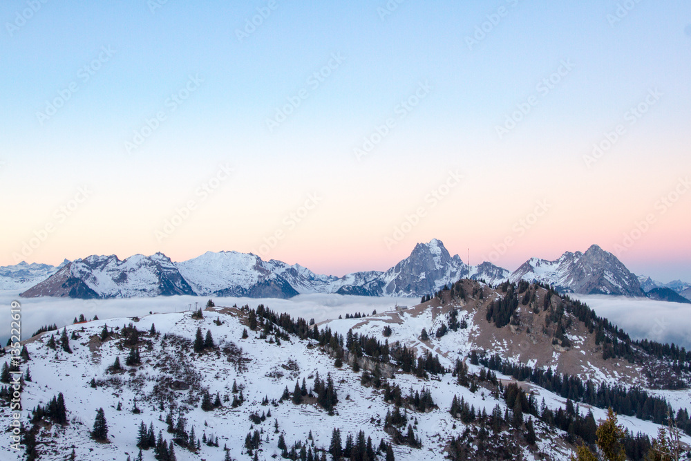 Swiss mountain range near Gstaad at sunset