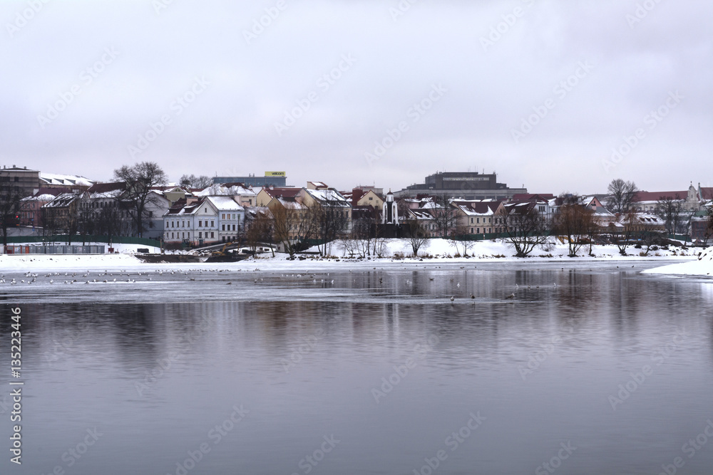 Embankment Svisloch, Pobediteley Avenue, Minsk, Belarus, in January 2017, winter