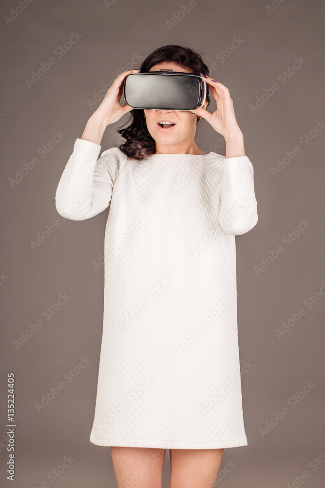 female with glasses of virtual reality. VR headset glasses devic female with glasses of virtual reality. VR headset glasses devic
