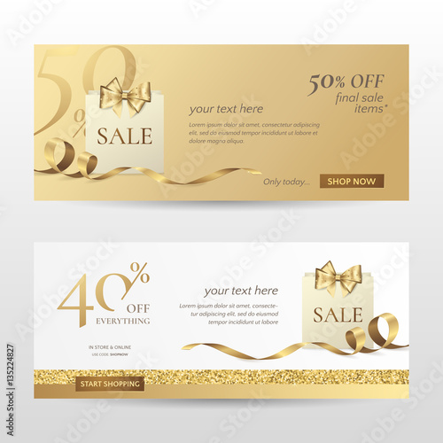 Set of stylish horizontal banners with paper shopping bag, golden bow and ribbon. Vector templates for promotion design on the website with gold and white background. Isolated from the background.