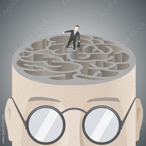 Brain maze. Open head with labyrinth inside. Pensive businessman standing in center of the labyrinth. Vector illustration.