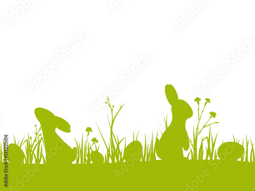 Vector easter seamless border with silhouettes of rabbits  eggs  flowers and grass. For design holiday greeting card or invitation. Isolated from the background.