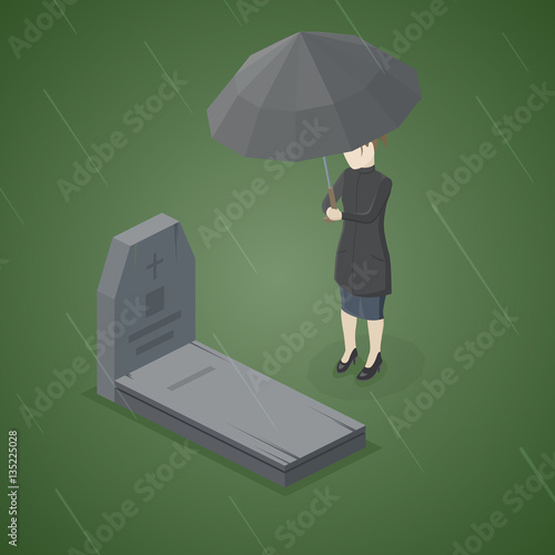 Sad woman grieving in a cemetery. Woman standing at the gravestone of her family member or beloved. Rainy day. Isometric Vector Illustration.