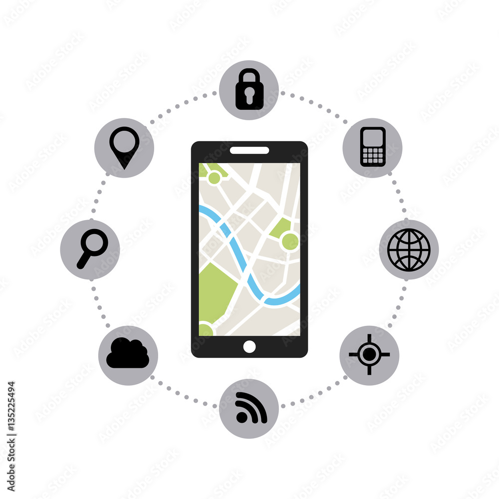 smartphone with city map on screen and navigation icons around over white background. colorful design. vector illustration smartphone with city map on screen and navigation icons around over white background. colorful design. vector illustration