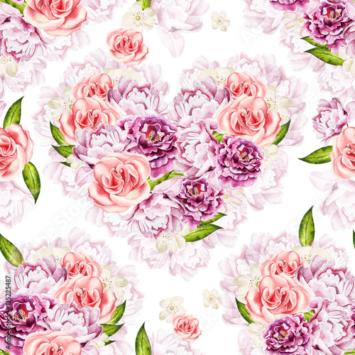 Watercolor pattern with bright colors of rose and a peony, curra