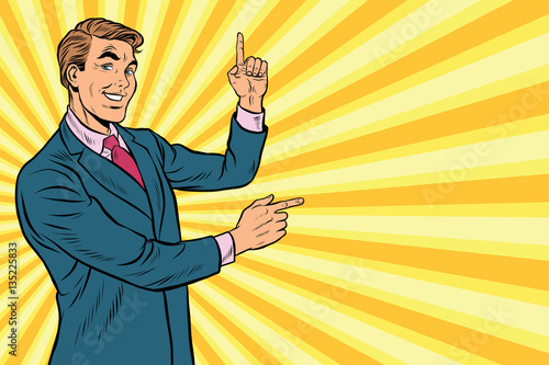 Businessman points up and sideways to copy space background