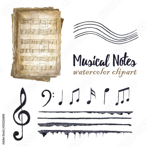 Retro watercolor musical notes set.