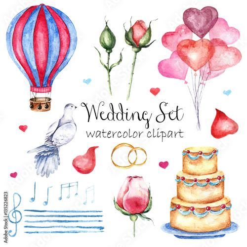 Watercolor modern elegant wedding style set. Various objects: bride bouquet with roses, peony, pink shoes, naked cake, air balloons, pattern flags garland. Hand painted design .