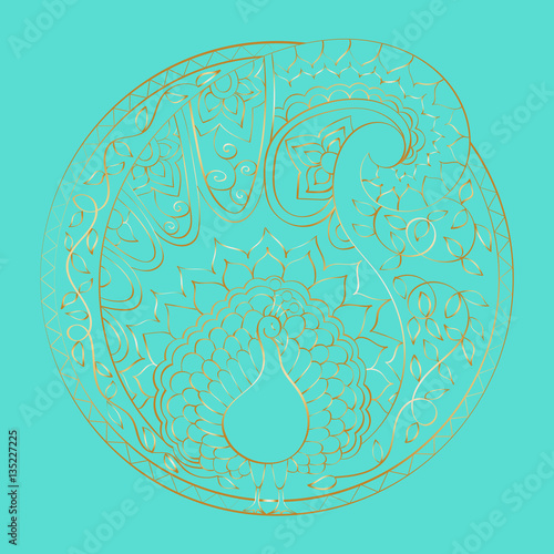 Hand-drawn vector mandala, golden on turquoise background, india