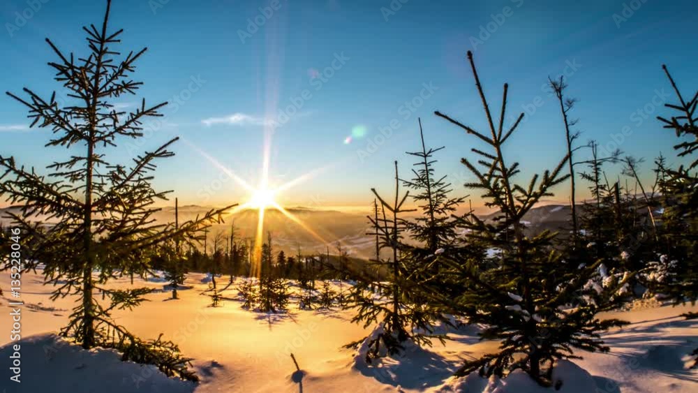 Motion controlled time-lapse of a winter panorama during the sunrise in the polish mountains. Motion controlled time-lapse of a winter panorama during the sunrise in the polish mountains.