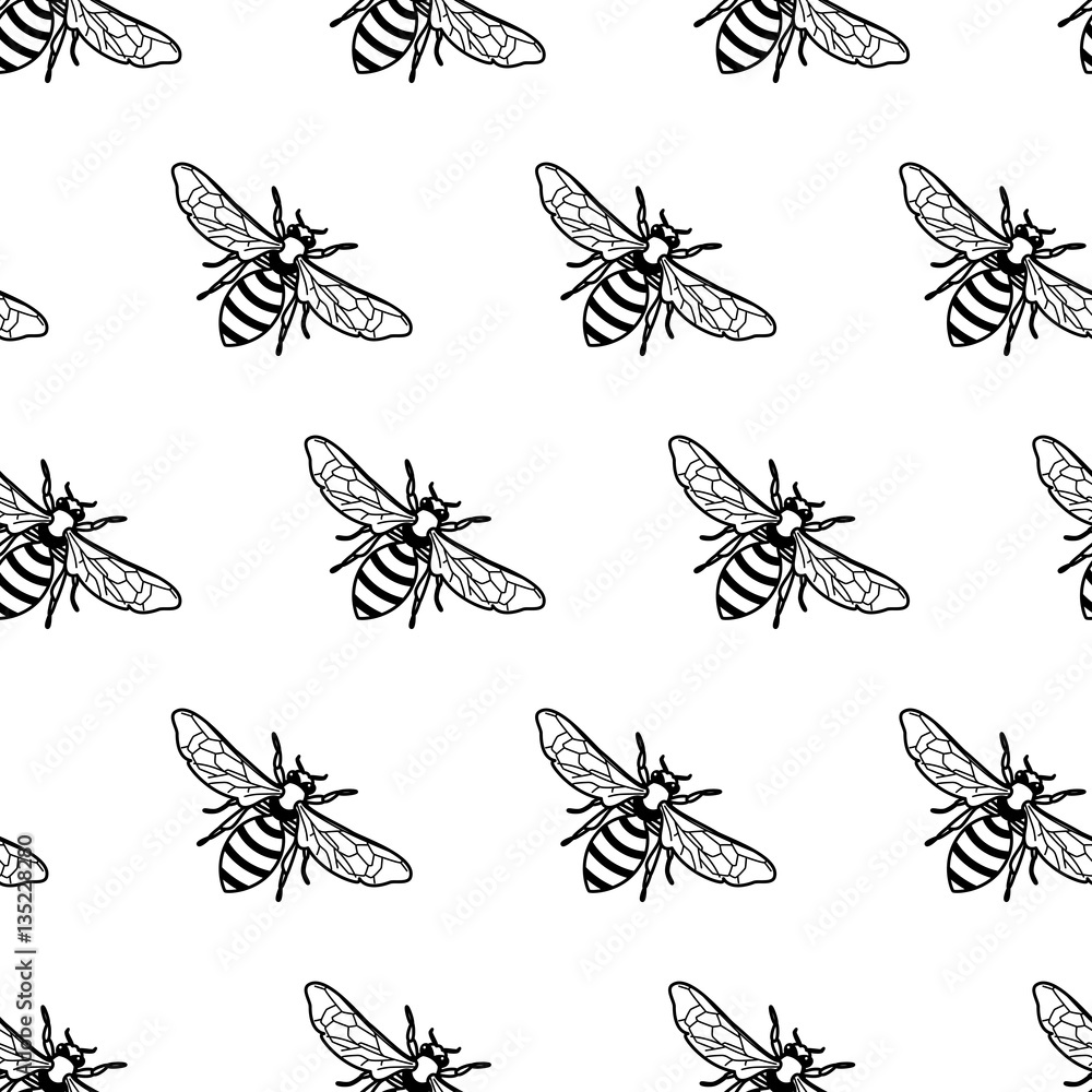 Vector seamless black and white pattern with linear bee. Organic honey ...