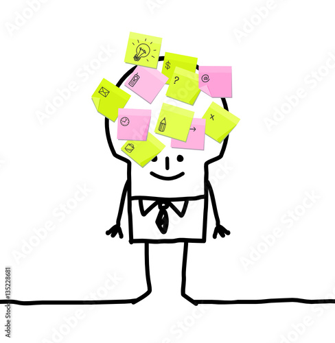 Cartoon businessman with sticky notes 