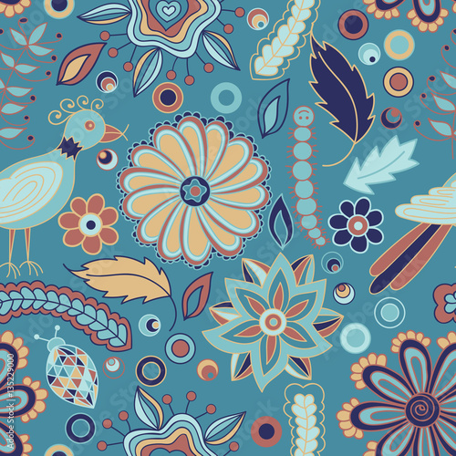 Seamless pattern with flowers and birds. Endless floral pattern,