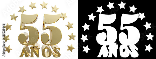 Golden digit fifty five and the word of the year  decorated with stars. Translated from the Spanish. 3D illustration
