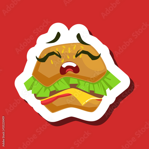 Upset Burger Sandwich, Cute Emoji Sticker On Red Background
