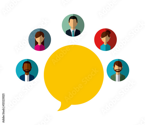 speech bubble with people icons around over white background. colorful design. vector illustration