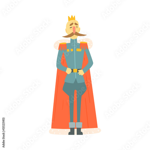 King Emperor In Military Official Clothing And Cape With Moustache Standing Fairy-Tale Cartoon Childish Character