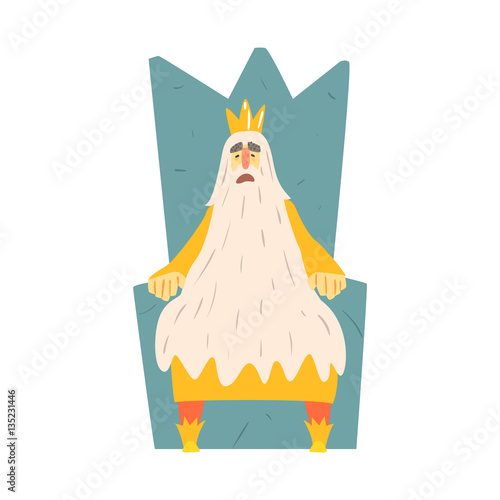 Old King With Very Long Beard Sitting On The Throne Fairy-Tale Cartoon Childish Character