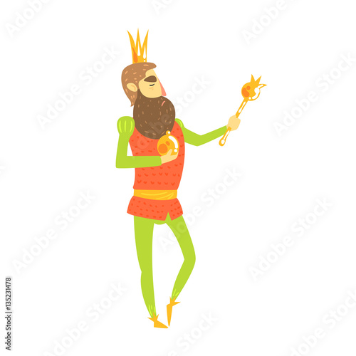 King With Orb And Scepter Standing Posing For Portrait Fairy-Tale Cartoon Childish Character