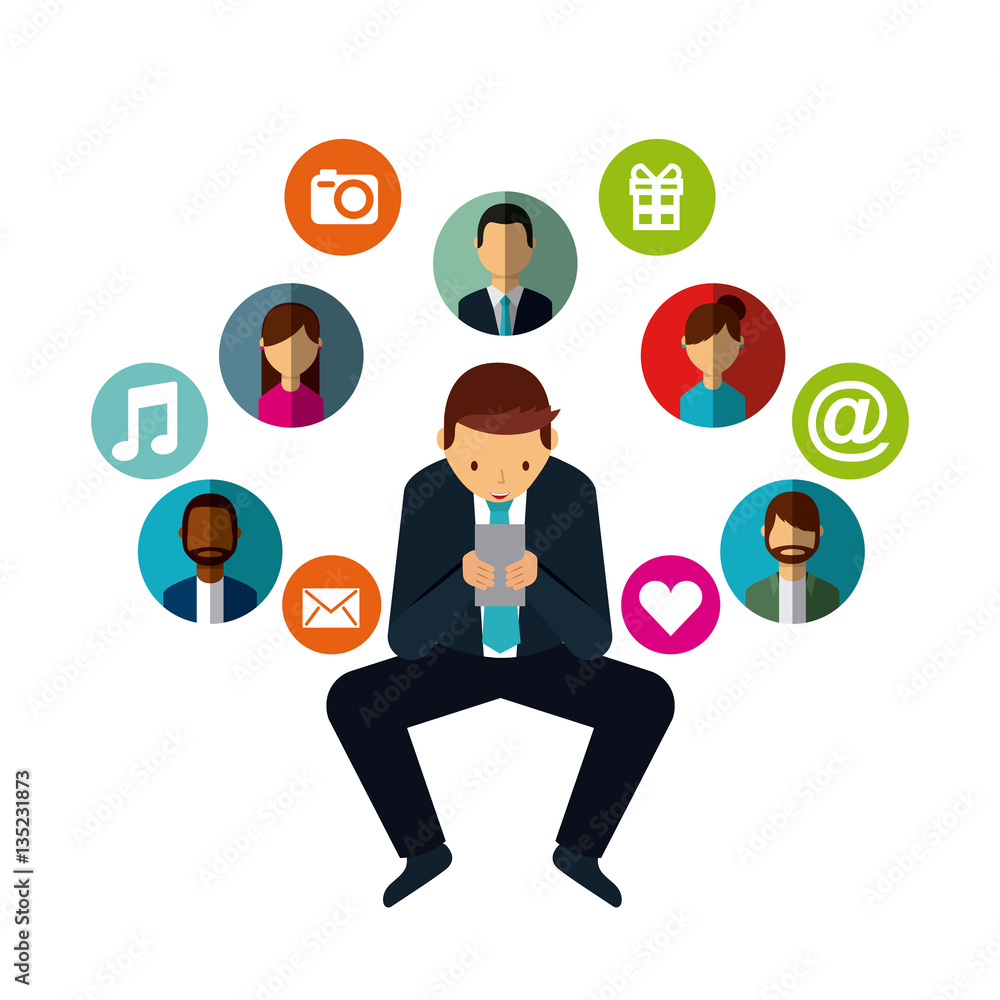 man cartoon with social media icons around over white background. colorful design. vector illustration man cartoon with social media icons around over white background. colorful design. vector illustration