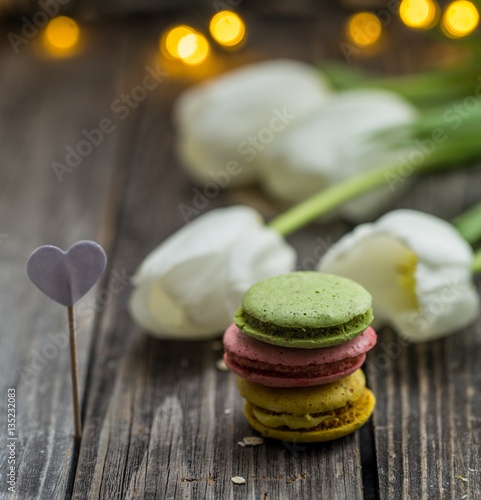 white tulips and macaroons photo