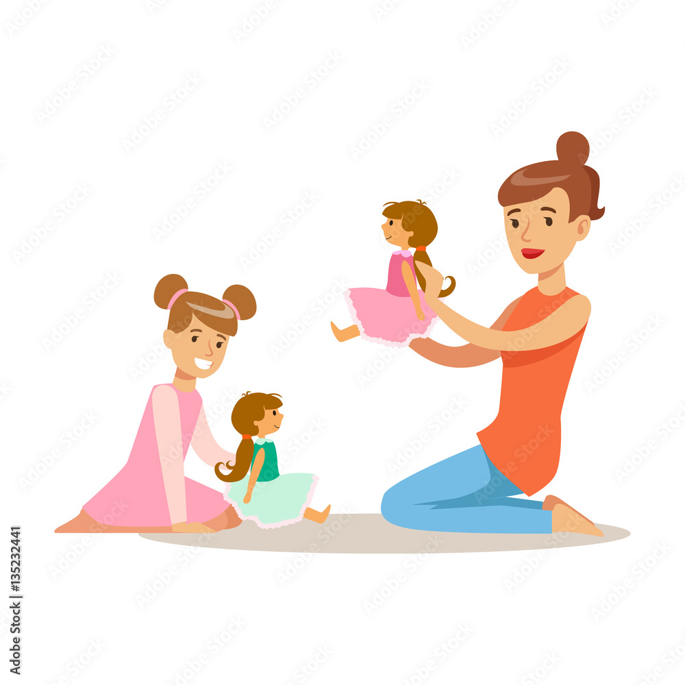 Mom And Daughter Playing Dolls, Loving Mother Enjoying Good Quality Mommy Time With Happy Kid
