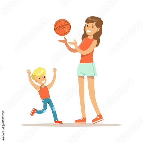 Mom And Son Playing Basketball, Loving Mother Enjoying Good Quality Mommy Time With Happy Kid