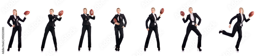 Woman businesswoman with american football Woman businesswoman with american football