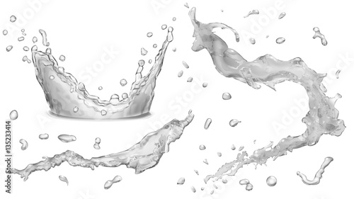 Opaque water splashes, water drops and crown from splash of wate