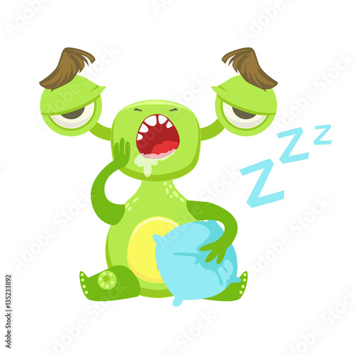 Sleepy Funny Monster Yawning WIth Pillow, Green Alien Emoji Cartoon Character Sticker