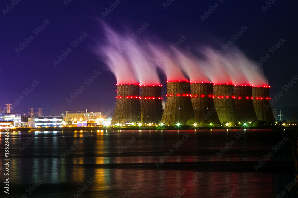 Night view of cooling towers of the Novovoronezh nuclear power plant ...