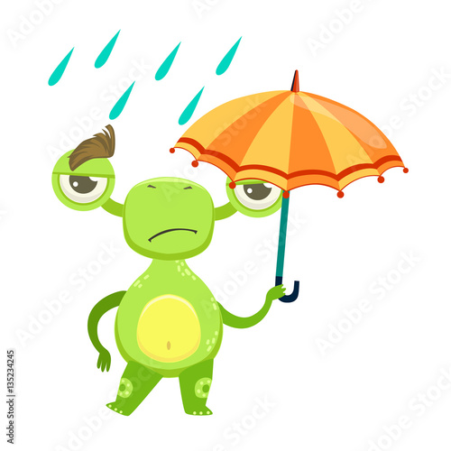 Funny Monster Sad Walking Under Rain With Umbrella  Green Alien Emoji Cartoon Character Sticker