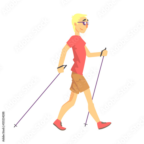 Blond Man In Shades Doing Nordic Walk Outdoors Illustration