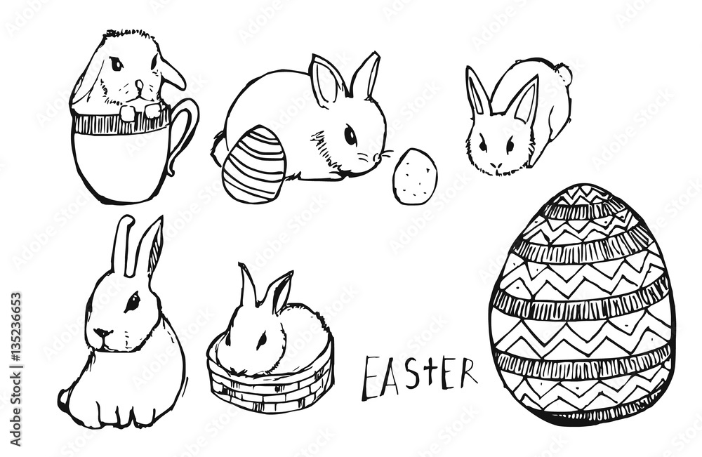 Hand-drawn collection of Easter cute little bunnies Hand-drawn collection of Easter cute little bunnies