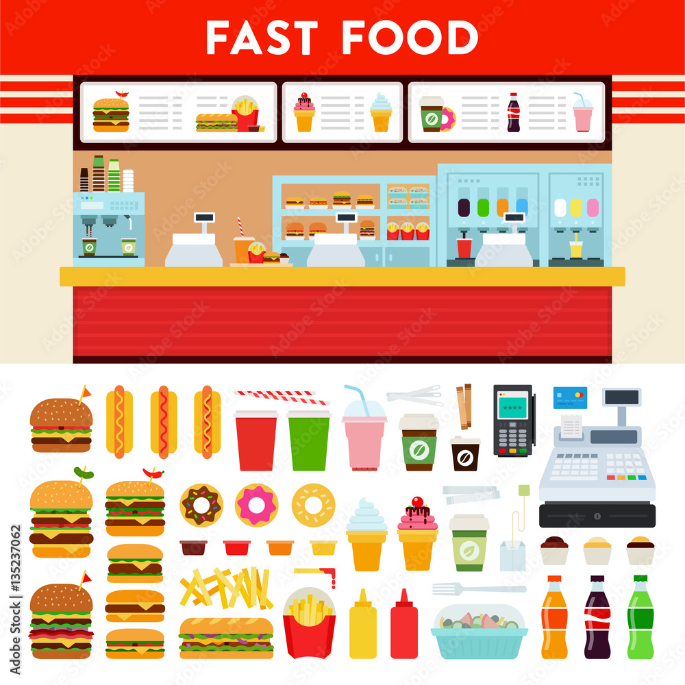 Fast food counter with menu sign. Fast food counter with menu sign.