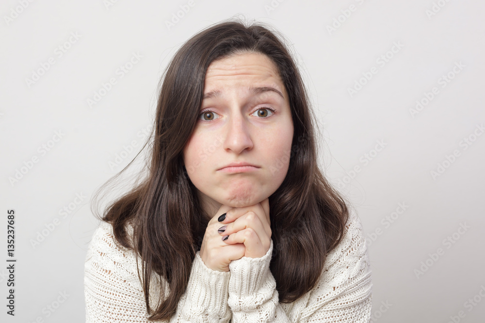 Girl with long hair asking for forgiveness and begging Girl with long hair asking for forgiveness and begging