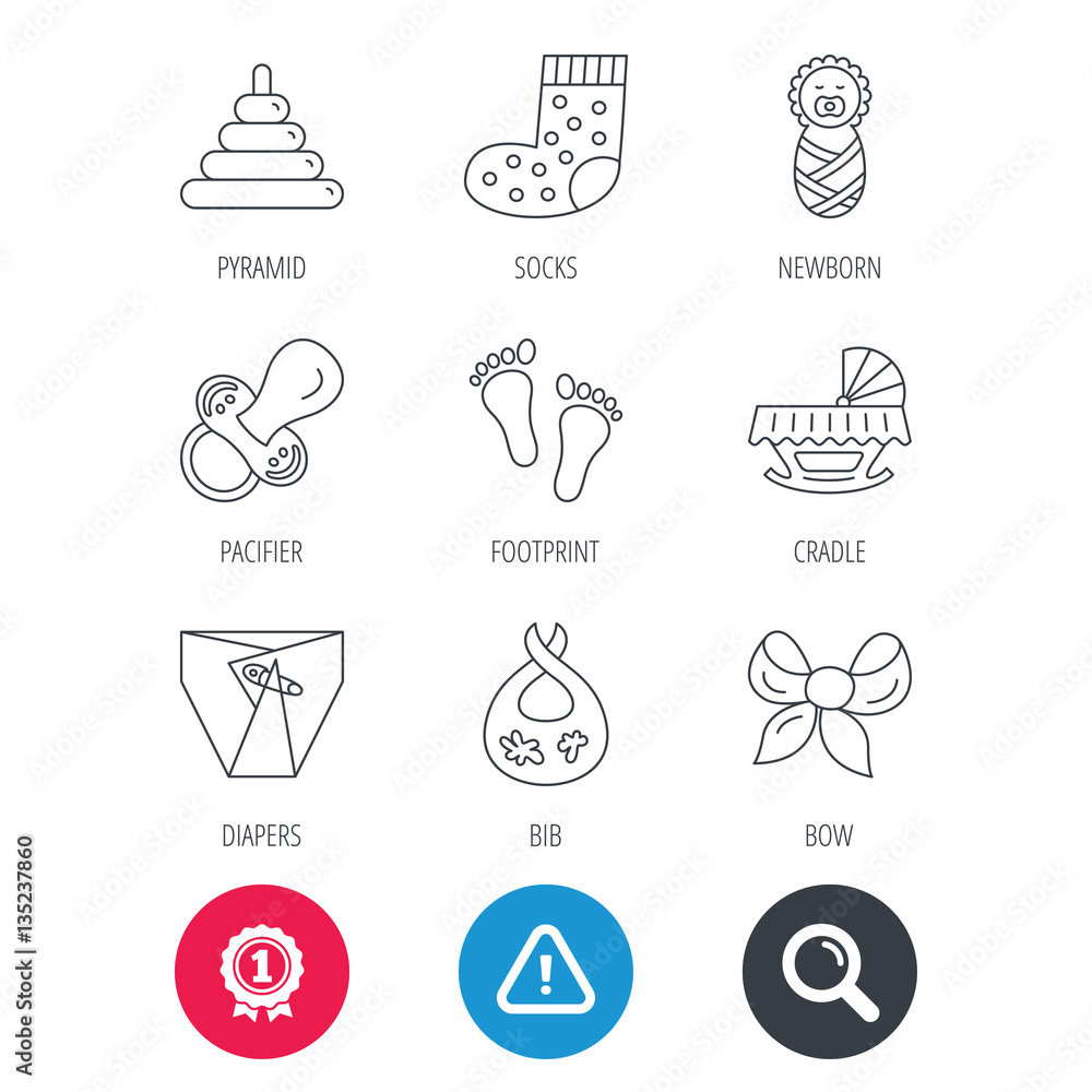 Achievement and search magnifier signs. Pacifier, diapers and newborn icons. Footprint, socks and dirty bib linear signs. Pyramid toy, cradle bed flat line icons. Hazard attention icon. Vector Achievement and search magnifier signs. Pacifier, diapers and newborn icons. Footprint, socks and dirty bib linear signs. Pyramid toy, cradle bed flat line icons. Hazard attention icon. Vector