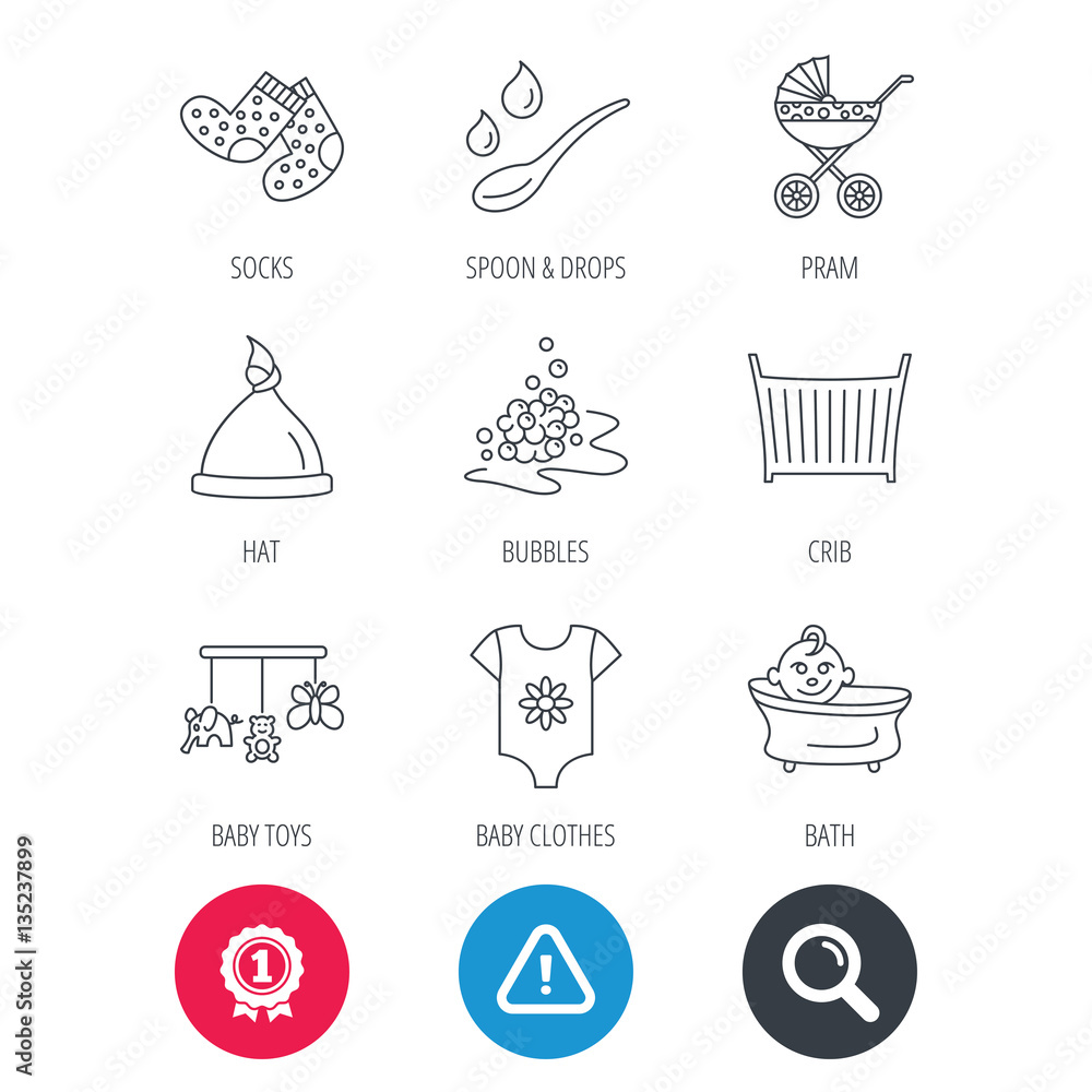 Achievement and search magnifier signs. Baby clothes, bath and hat icons. Pram carriage, spoon with drops linear signs. Socks, baby toys and bubbles flat line icons. Hazard attention icon. Vector