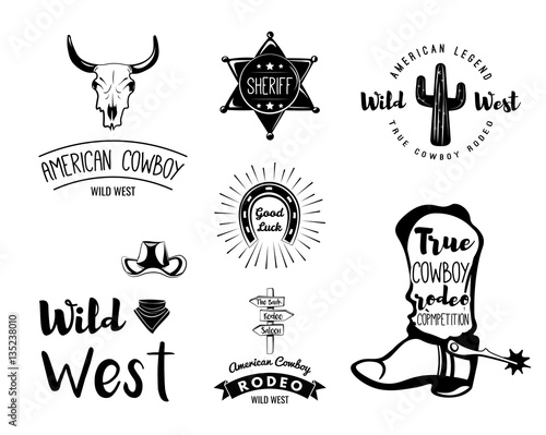 Wild West. Set of vintage rodeo emblems, labels, logos, badges