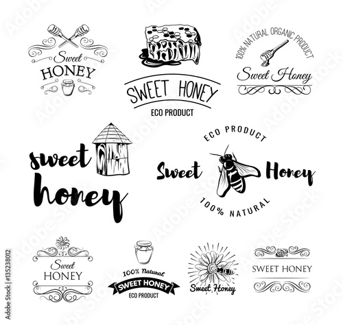 Beehive. Spoon of Honey. Flower. Honeycomb. A bee and a jar of Honey. Labels, logo and Badges Set. Vintage Illustration Vector