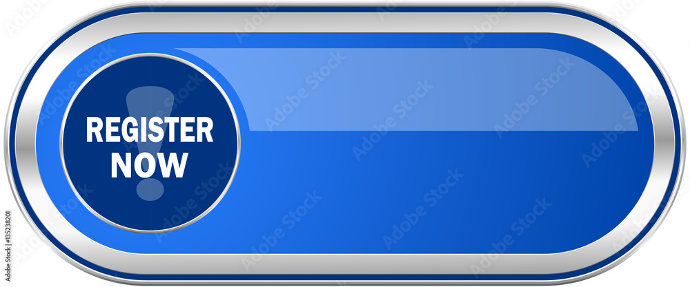 Register now long blue web and mobile apps banner isolated on white background. Register now long blue web and mobile apps banner isolated on white background.