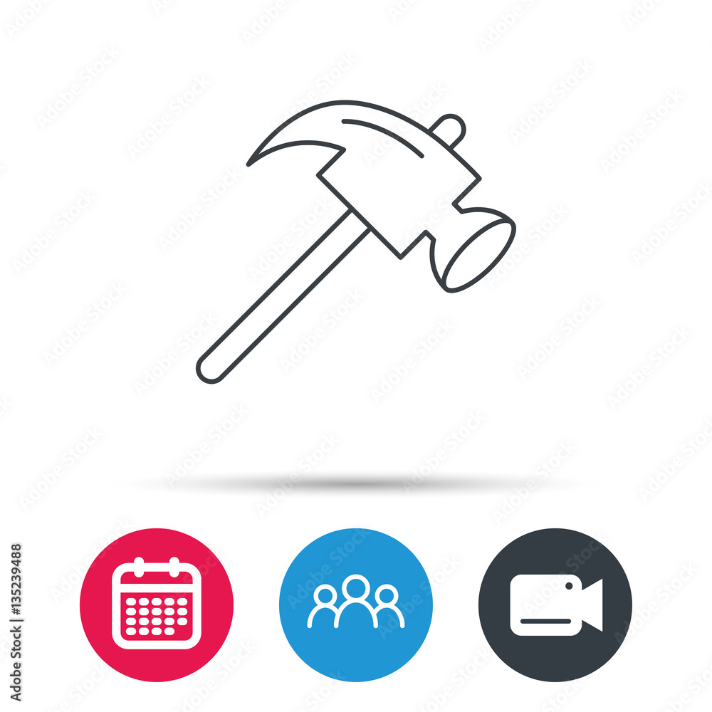 Hammer icon. Repair or fix sign. Construction equipment tool symbol. Group of people, video cam and calendar icons. Vector